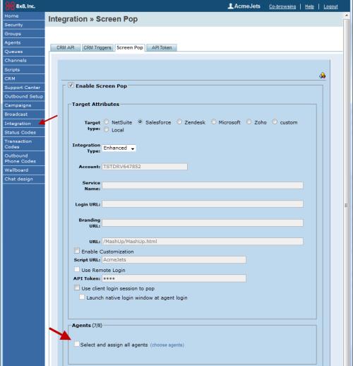 2. Navigate to Integration > Screen Pop. Note: You must have enabled and configured Salesforce integration. 3. In Agents area, enable the check box next to Select and assign all agents.