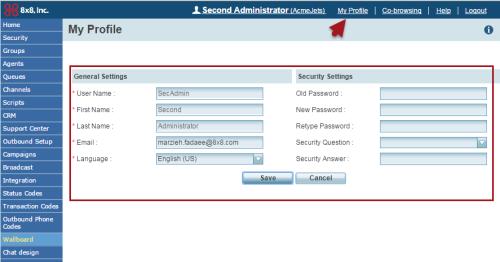 Change the Administrator Password A Secondary Administrator can change password and set up a security question using the Profile link on the top bar of the Hosted Contact Centre application. 1.