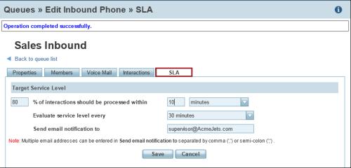 Define Inbound Phone Queue SLA Service Level Agreement (SLA) defines target performance metrics of a queue. This includes percentage of calls processed within a specified time interval.