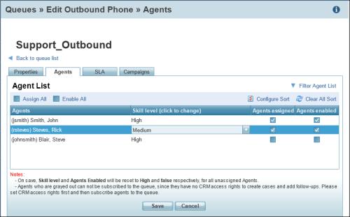 4. Select Enable All or enable the desired agents individually to activate routing of interactions from this queue to the selected agents.