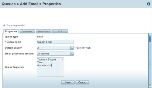 3. Enter the desired properties. Table 4: Summary of Email Queue Properties Properties tab option Description Queue type Queue name Read-only reminder of the type of queue. Type the name of the queue.