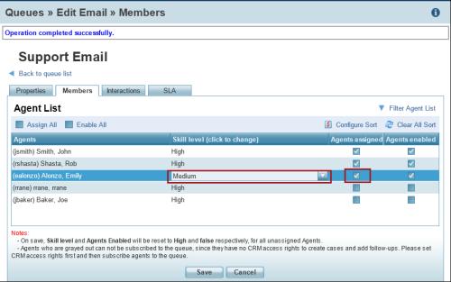 Figure 2: Assigning Members to an Email Queue Table 5: Summary of Email Queue Members Phone queue, Members option Description Agent list Skill Level Enable All For the selected queue, in the list of