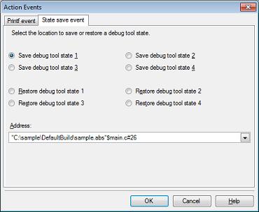 [State save event] tab This tab is used to configure how to save and restore the state of the debug tool upon occurrence of an action event.