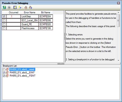 Pseudo-Error Debugging panel [Full-spec emulator][e1][e20] This panel is central to the function of the solution for pseudo-error debugging. See "2.