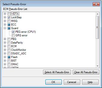Select Pseudo-Error dialog box [Full-spec emulator][e1][e20] This dialog box is used to select ECM pseudo-errors displayed in the Pseudo-Error Debugging panel [Full-spec emulator][e1][e20]. Figure A.