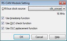 RS-CAN Module Setting dialog box [Full-spec emulator][e1][e20] This dialog box is used to make settings related to the entire RS-CAN module shown in the Debugging CAN Bus Reception Procedures panel