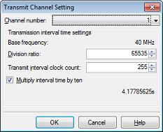Transmit Channel Setting dialog box [Full-spec emulator][e1][e20] This dialog box is used to make settings related to the transmit channel shown in the Debugging CAN Bus Reception Procedures panel