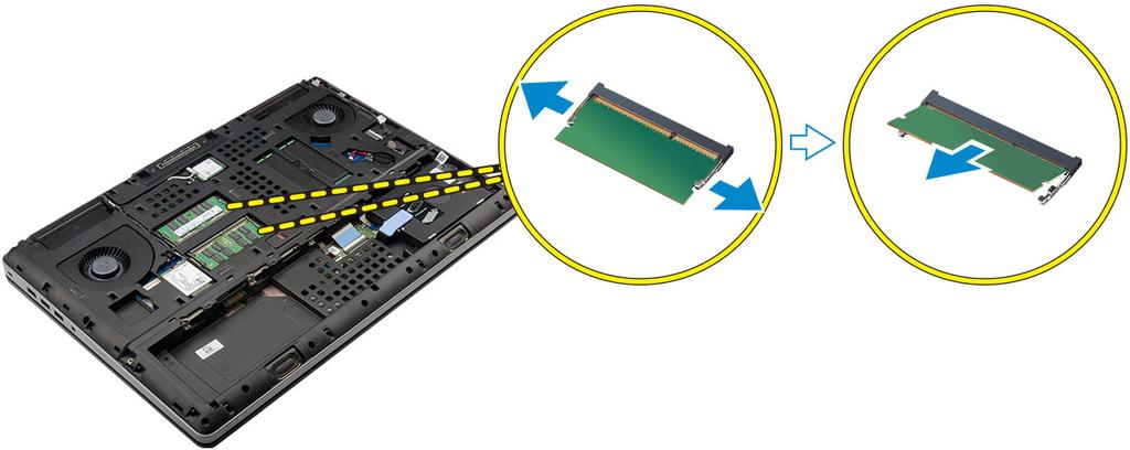 a. battery cover b. battery c. base cover 3. Perform the following steps to remove the primary memory: a. Pry the retention clips away from the primary memory until it pops up. b. Lift the primary memory and remove it from the computer.