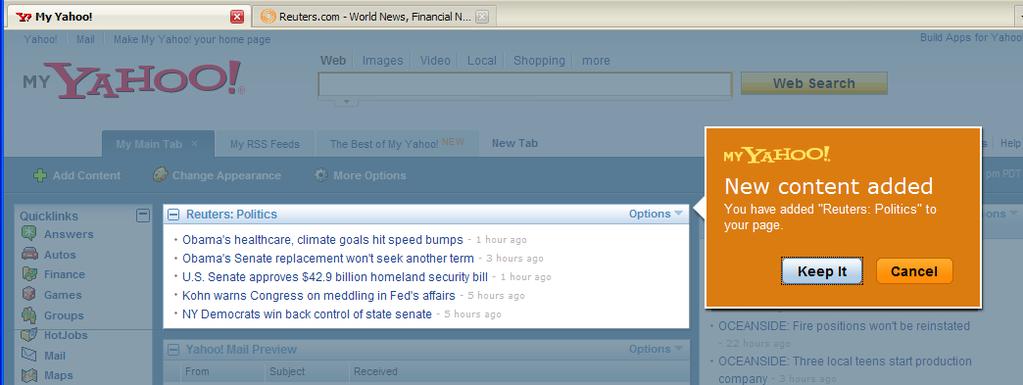 The browser ( I use Firefox, you should too) opens a tab on MyYahoo, inserts the