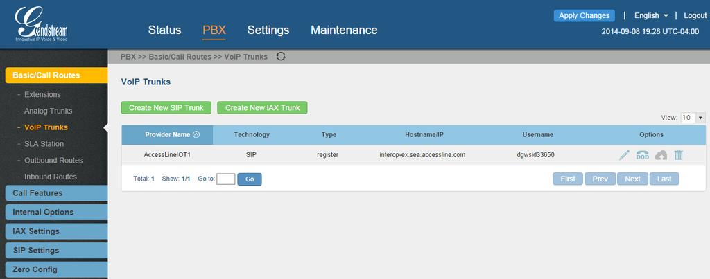 6. Select tab "PBX"->"Basic/Call Routes"->"VoIP Trunks" in the web UI, click on icon for the SIP trunk "AccessLineIOT".