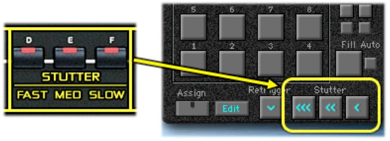 Stutter When Function Set 1 has been selected, the second group of three Function Set buttons [D]~[F] are mapped to KARMA s Stutter feature.