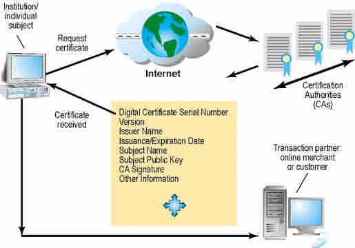 Security (8/12) Digital certificate: Data file used to establish the identity of users and electronic assets for protection of online transactions Uses a trusted third party, certification authority