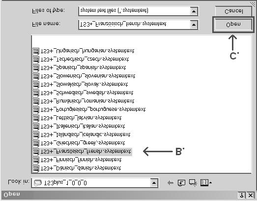 Instructions for service download 4. In the file browser (Figure 3) select the language file you require with the format *.systemtext (B.). click on "Open" (C.). The commissioning dialogue "Service download" opens.