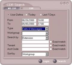 CDR Search 4.0 Running a Workgroup CDR Search The CDR Search main window has two tabs: WG CDR and CDR. Logging in as a workgroup supervisor enables you to run only the WG CDR search.