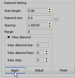 User Guide Page 112 of 121 Menu access: Tools -> Put Diamond on Line Icon access: Tabtoolbar -> Tools -> Function: put diamonds on surface curves by specified spacing 12.9. Diamond Settings 12.9.1. Along curve N/A Menu access: Tools -> Diamond settings -> Along curve Function: Set diamonds along an on-surface guiding curve by given parameters.