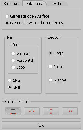 User Guide Page 99 of 121 Icon access: Tabtoolbar -> Surface -> Function: Use a closed curve as cross section to sweep between several rails (one rail case is use horizontal/vertical axis as a