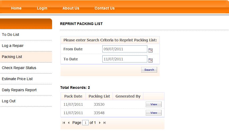REPRINT PACKING LIST button and select the date range, the Packing Lists from