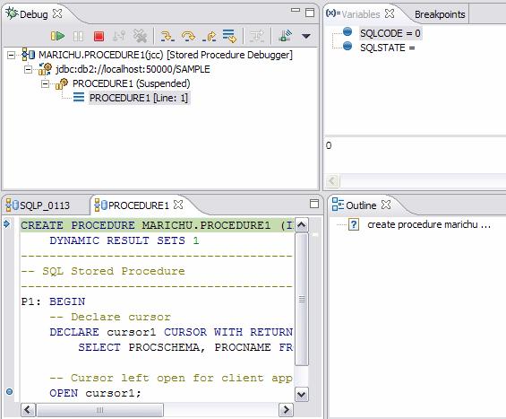 Debug Perspective Debugging actions Shows threads running and the line number Variables used in the SP and their