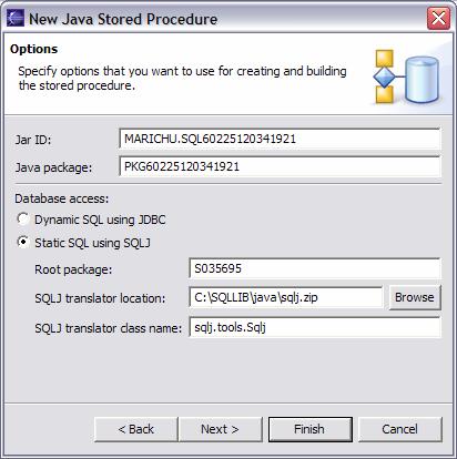 Java Stored Procedure Options Jar ID and Java Package name are auto generated For