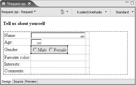 Creating the Web Application 25 17. To set the first radio button choice, click Add Choice and enter Male for both label and value.