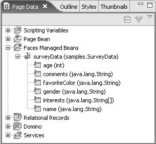 Creating the Web Application 29 Figure 1 19: Page Data view with surveydata JavaBean added. 7.