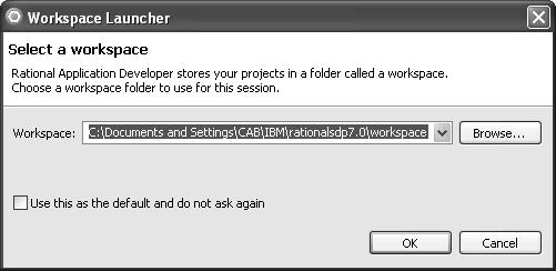 Setting up a Web Project 11 Application Developer, a window appears asking which folder you want to use for your workspace (the place where Rational Application Developer saves your work), as shown