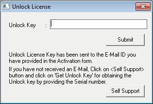 2. The Unlock License dialog box is displayed. Enter the Unlock License Key received in the email in the text box. 3.