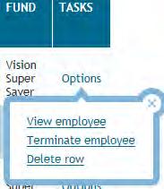 If the employee is a Vision Super member the tasks column will contain several options to choose from. These links can be used to view details about the member, terminate them or delete the row.
