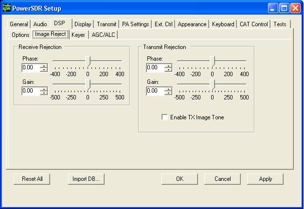 Set Image Rejection to 0 Fig 4: Setup Form, DSP Tab - Image Reject Sub-Tab Since the I & Q signals are generated digitally in Penelope there is no transmitted image that needs to be rejected.