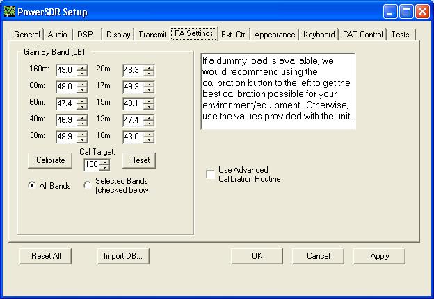 Fig 5: Setup Form, PA Settings Tab Note: INCREASING THE GAIN BY BAND SETTING DECREASES THE OUTPUT POWER LEVEL.