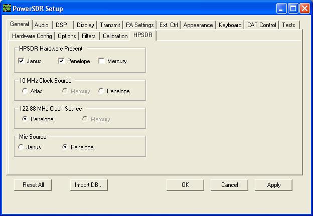Fig 3: Setup Form, General Tab - HPSDR Sub-Tab In the section marked HPSDR Hardware Present check the Penelope box and also Janus if it is present and you wish to use it.