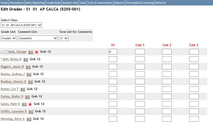 Mark Reporting The Mark Reporting menu in i Cue is for submitting grades at the end of a term. This page is most often used for a secondary school. Near the top of the screen is a class list box.