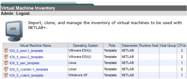 4. Click the Import Virtual Machines button. 5. Select the check box next to your ICM Template esxi-1, esxi-2, vclient, vcenter-1, and san virtual machines and click Import Selected Virtual Machines.