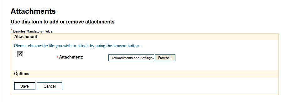 Click on the Browse button to the right of the attachment field to browse your computer for the correct attachment. This will take you to a screen/panel where you choose the file you wish to attach.