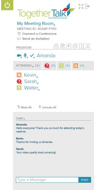 Chat Panel You can Chat with fellow Attendees, simultaneously, during the Online Meeting by typing in the Chat panel.