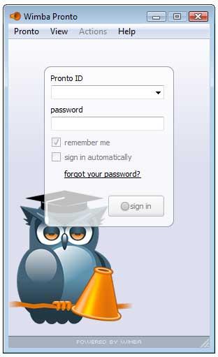 Logging In You log in to the Wimba Pronto client using the Pronto ID and password that you chose when creating your account. Whenever you launch Wimba Pronto, the login window appears.