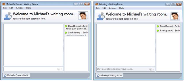 The Waiting Room Window The Waiting Room window is what users see when they have joined a Queued Chat, but have not yet been