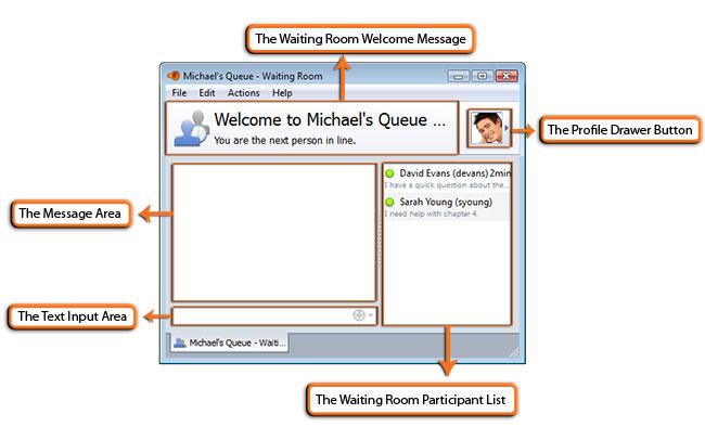 The image on the left shows a Waiting Room in which chat is allowed; the image on the right shows an anonymous Waiting Room in