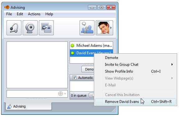 Removing a Participant from a Queued Chat In addition to promoting and demoting users, the owner of a Queued Chat can also remove a user from the session altogether.