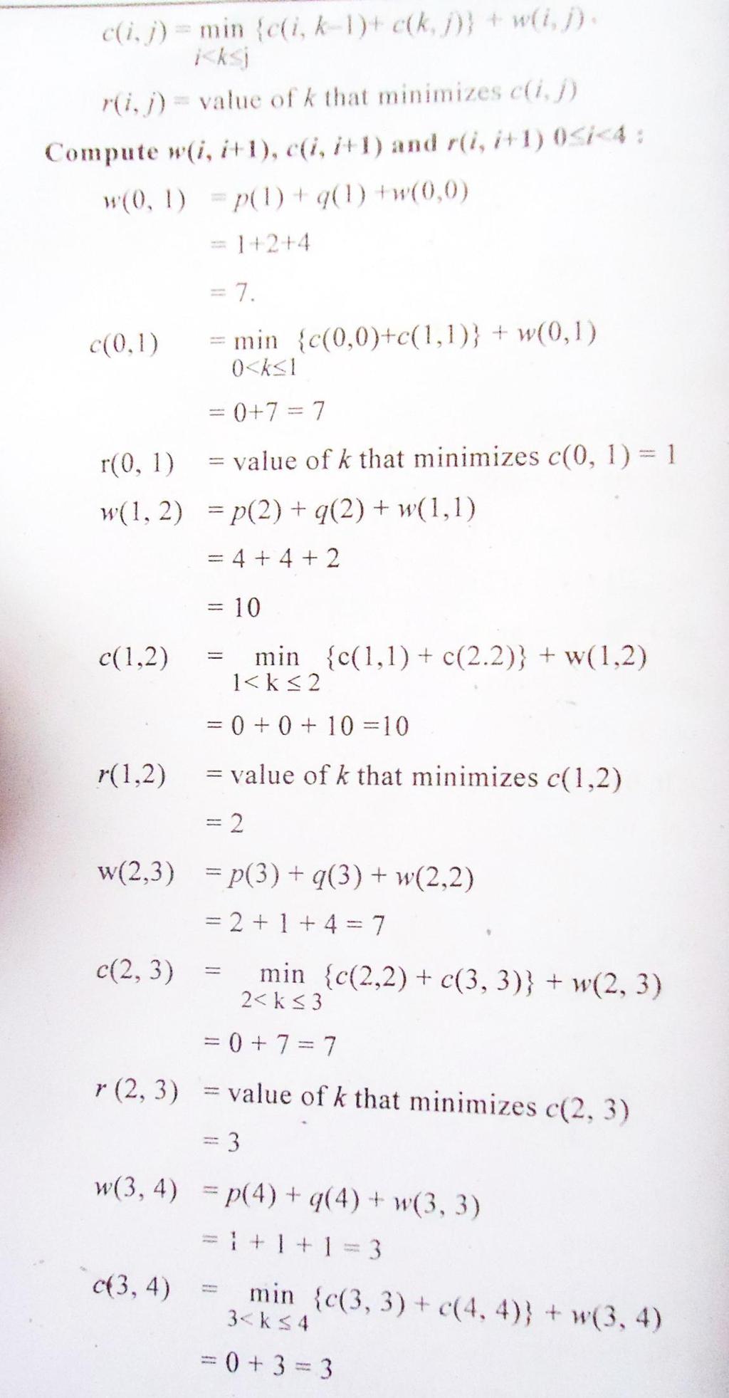 r (3,4) = value of k that minimizes c(3,4) = 4 Compute w (I,