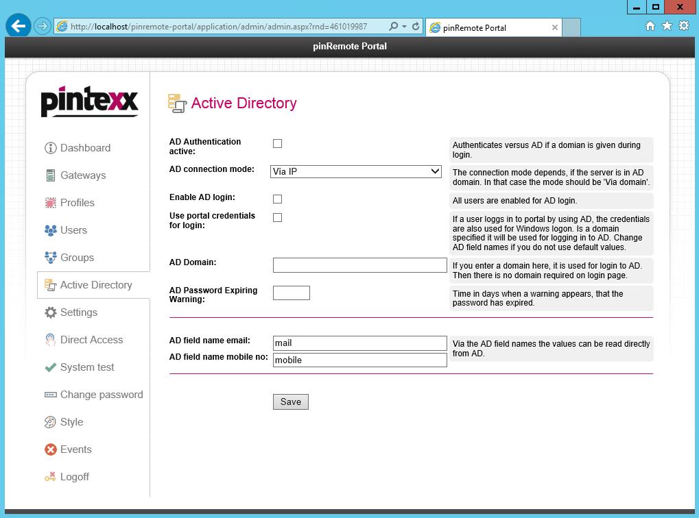 4.3.6 Active Directory In the Active Directory menu the admin can specify global AD settings for all users.