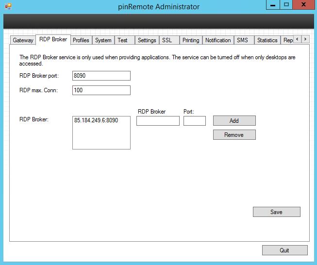 5.2 RDP Broker Depending of your installation mode the RDP Broker tab is enabled. The RDP Broker manages the connections to the RDP server when providing applications.