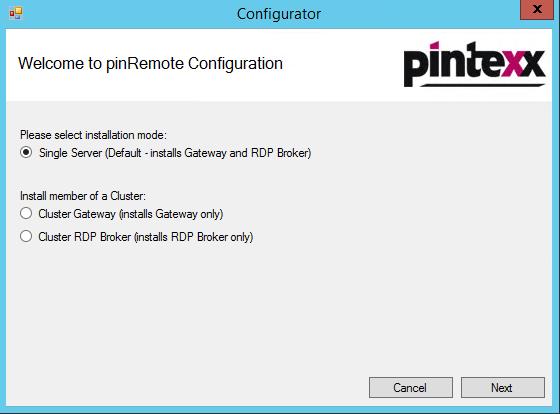After this the pinremote configurator is started to configure the system. 2.3.1 Single Server The Single Server option is used when the Gateway and the RDP Broker are on one physical machine.