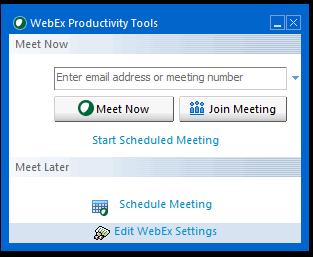 Joining an in-progress meeting from Meet Now: To join a meeting from your WebEx Productivity Tools panel: Open your WebEx Meet Now panel.