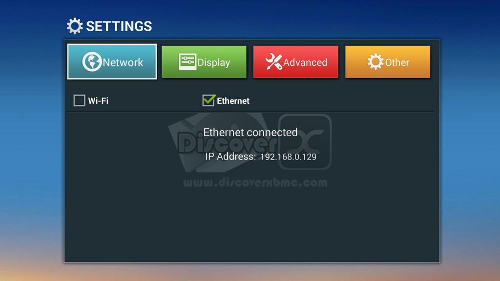 3. When on the Network tab, select WiFi or Ethernet accordingly by moving with the arrow keys (,,, ) on your remote. If you have a hard wired Ethernet connection, it will connect automatic l a lly: 4.
