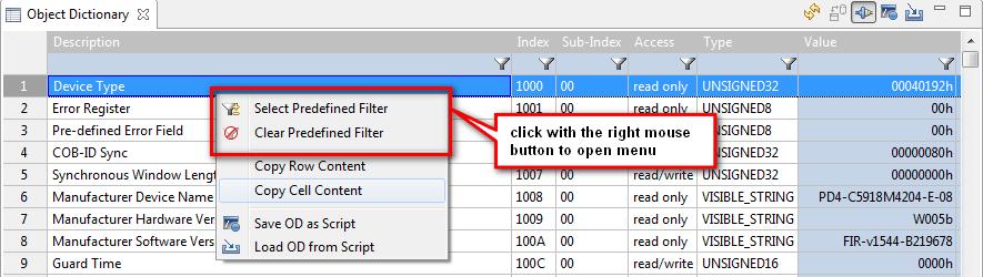 9 Object dictionary table In the upper part of the resulting window, select a filter that fits your needs.