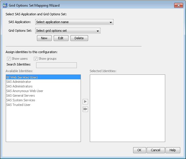 34 Chapter 3 Managing the Grid 4. In this dialog box, specify these options: SAS Application Specify the SAS application that should be associated with this grid options set.