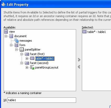reference created. In this case it is better to define the table's ID property before opening the Expression Language builder on the partial trigger property of the panelgrouplayout. This is it then.