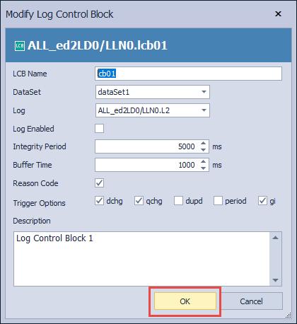 2. The dialog box Log Control Block displays attributes of the log