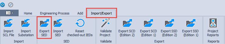 13. SED Handling The right of dataflow engineering can be formally transferred from one project to another by means of an SED file. 13.1. Export SED To export an SED file, go to the Import/Export tab on the Ribbon and click on the Export SED button.